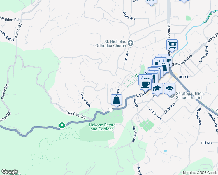 map of restaurants, bars, coffee shops, grocery stores, and more near 14640 Fieldstone Drive in Saratoga