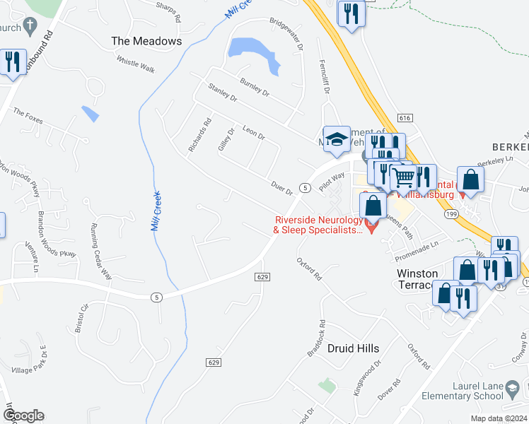 map of restaurants, bars, coffee shops, grocery stores, and more near 108 Cooley Road in Williamsburg