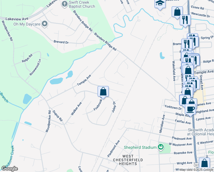 map of restaurants, bars, coffee shops, grocery stores, and more near 3610 Colonnade Drive in Ettrick