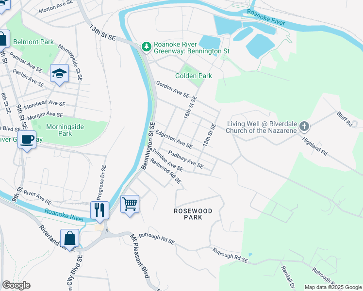 map of restaurants, bars, coffee shops, grocery stores, and more near 1615 Edgerton Avenue Southeast in Roanoke