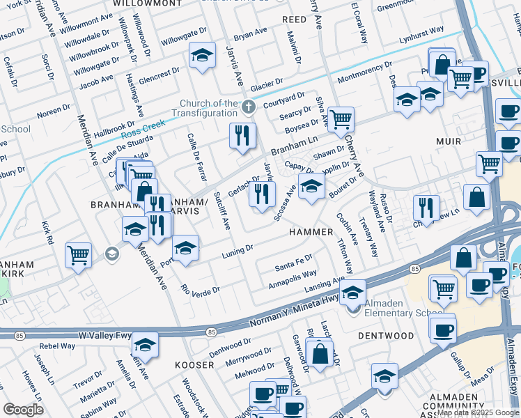 map of restaurants, bars, coffee shops, grocery stores, and more near 1417 Usona Drive in San Jose