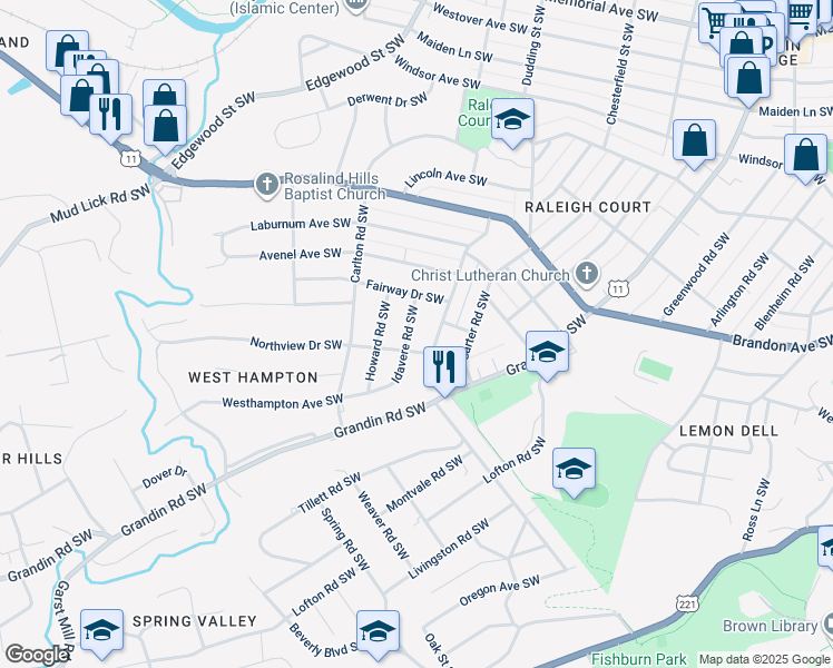map of restaurants, bars, coffee shops, grocery stores, and more near 2334 Idavere Road Southwest in Roanoke