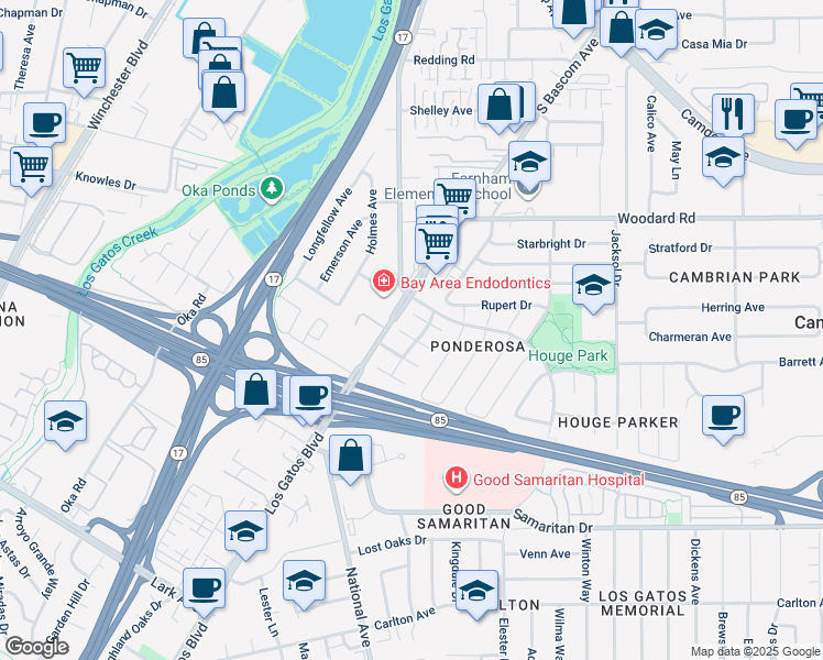 map of restaurants, bars, coffee shops, grocery stores, and more near 2411 Lascar Place in San Jose