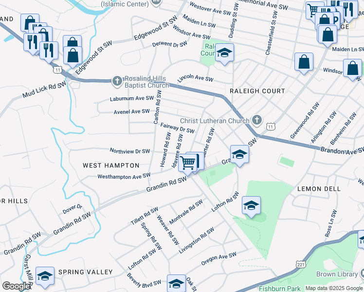 map of restaurants, bars, coffee shops, grocery stores, and more near 2334 Idavere Road Southwest in Roanoke
