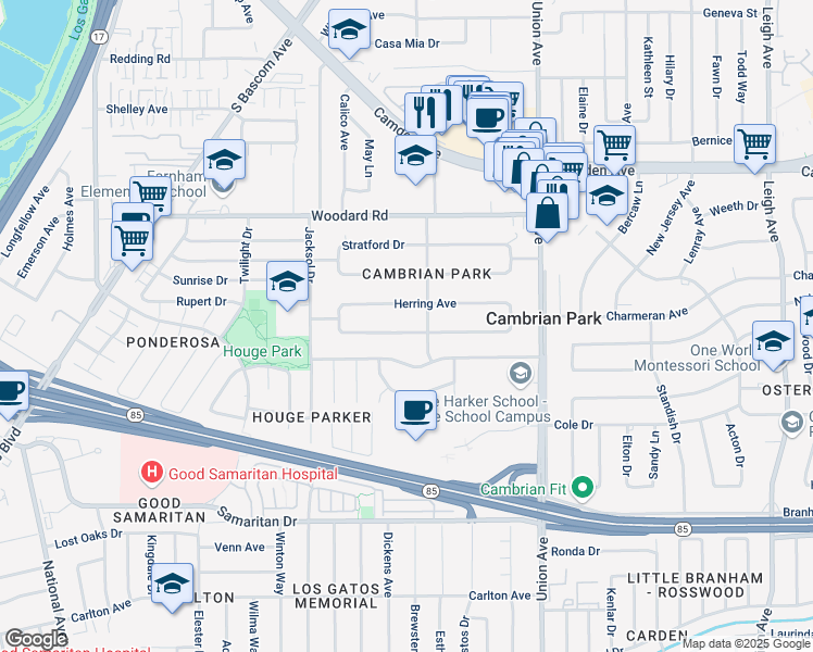 map of restaurants, bars, coffee shops, grocery stores, and more near 15297 Charmeran Avenue in San Jose