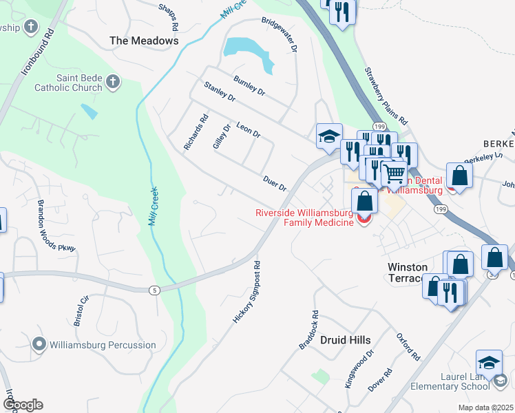 map of restaurants, bars, coffee shops, grocery stores, and more near 108 Cooley Road in Williamsburg
