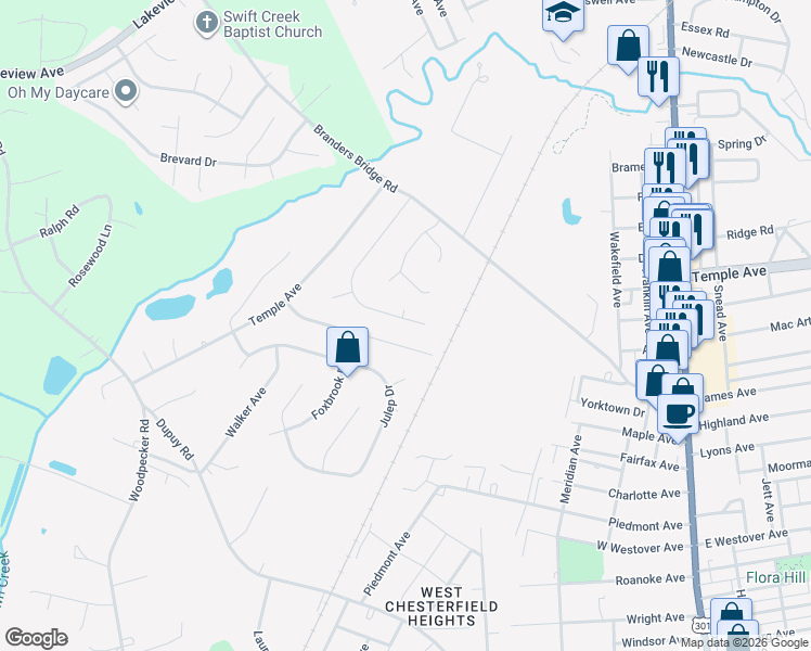 map of restaurants, bars, coffee shops, grocery stores, and more near 19404 Braebrook Drive in Ettrick