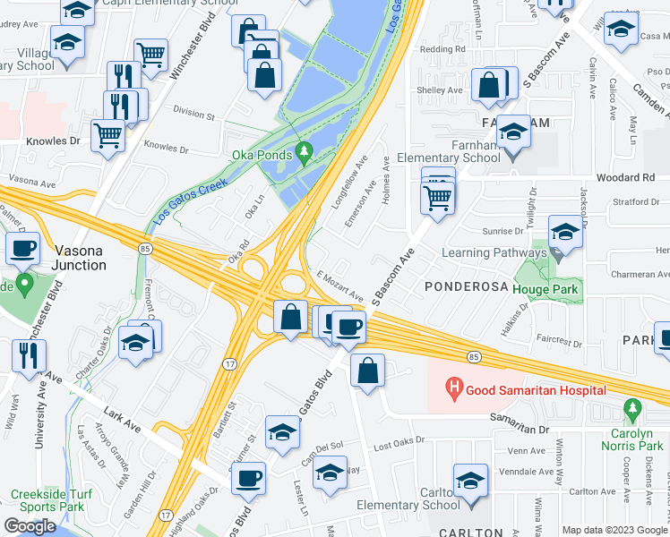 map of restaurants, bars, coffee shops, grocery stores, and more near Oak Tree Circle in Los Gatos