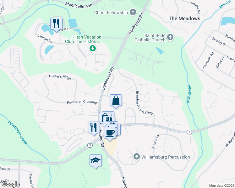 map of restaurants, bars, coffee shops, grocery stores, and more near 3329 Lancaster Lane in Williamsburg