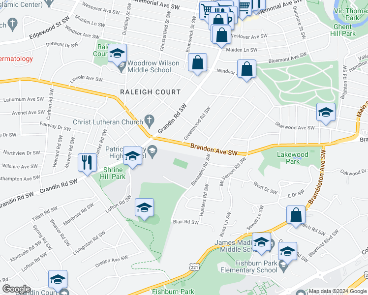 map of restaurants, bars, coffee shops, grocery stores, and more near 1836 Brandon Avenue Southwest in Roanoke
