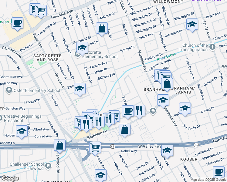 map of restaurants, bars, coffee shops, grocery stores, and more near 1637 Swangate Way in San Jose