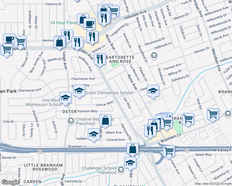 map of restaurants, bars, coffee shops, grocery stores, and more near 4216 Camden Avenue in San Jose