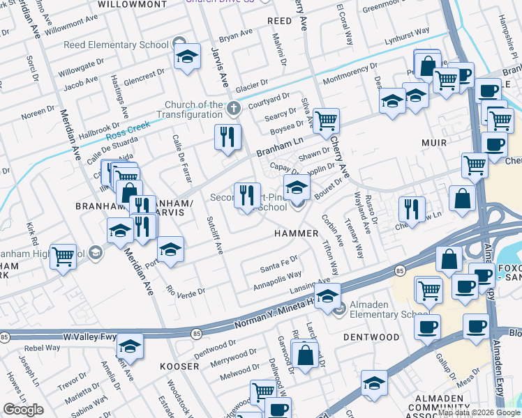 map of restaurants, bars, coffee shops, grocery stores, and more near in San Jose