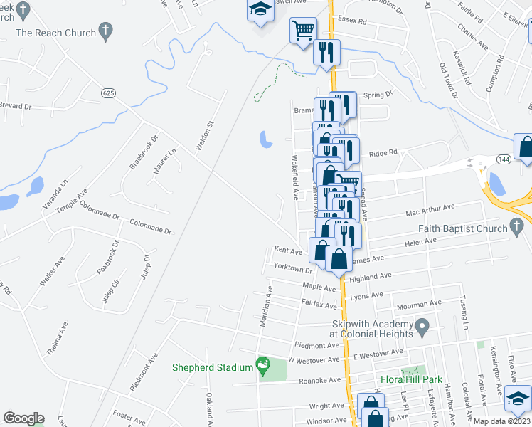 map of restaurants, bars, coffee shops, grocery stores, and more near 1400 Branders Bridge Road in Colonial Heights