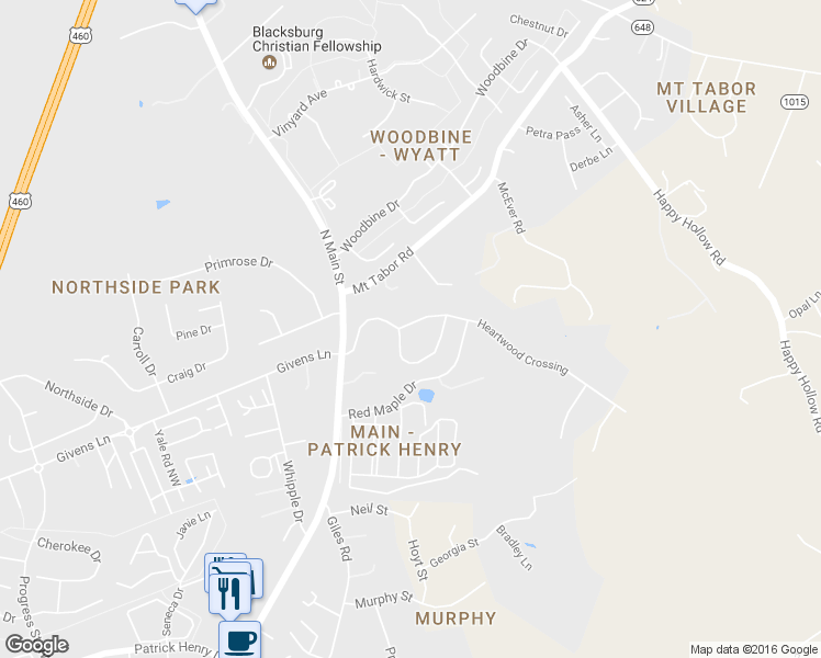 map of restaurants, bars, coffee shops, grocery stores, and more near 200 Heartwood Crossing in Blacksburg