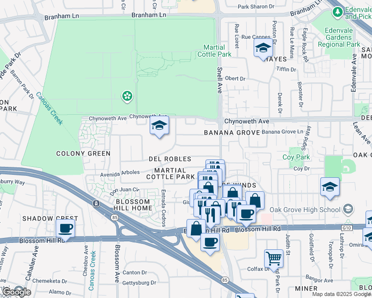 map of restaurants, bars, coffee shops, grocery stores, and more near 340 Avenida Nogales in San Jose