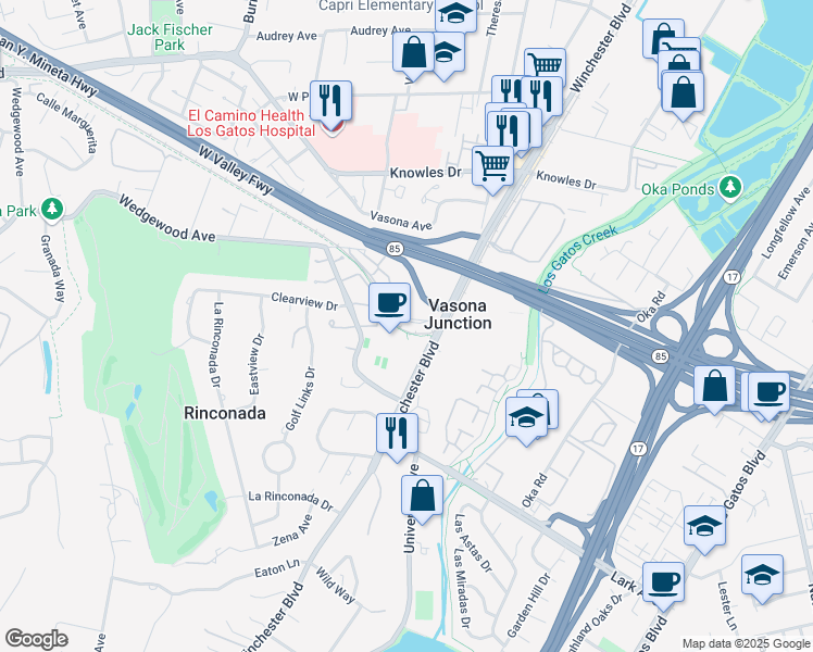 map of restaurants, bars, coffee shops, grocery stores, and more near 187 Smith Ranch Court in Los Gatos