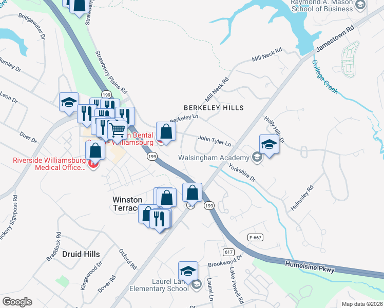 map of restaurants, bars, coffee shops, grocery stores, and more near 14 Cole Lane in Williamsburg