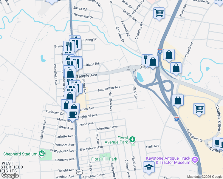 map of restaurants, bars, coffee shops, grocery stores, and more near 581 Hamilton Avenue in Colonial Heights