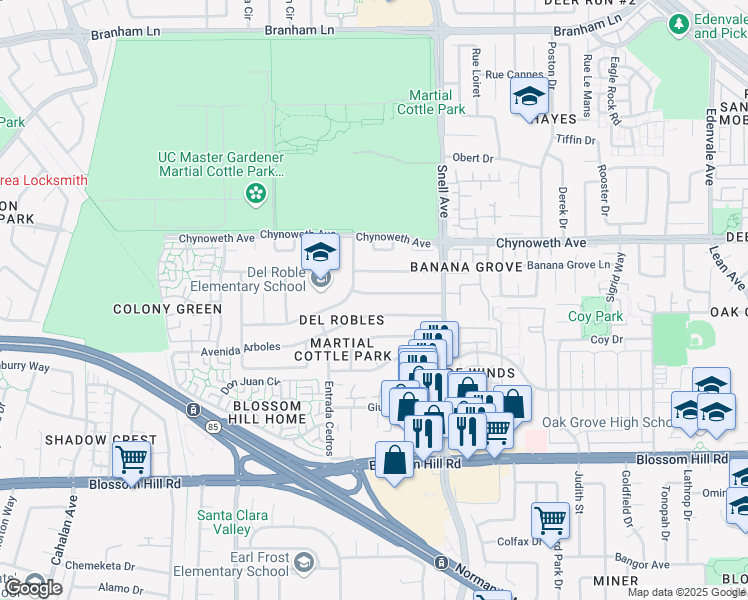map of restaurants, bars, coffee shops, grocery stores, and more near 340 Avenida Nogales in San Jose