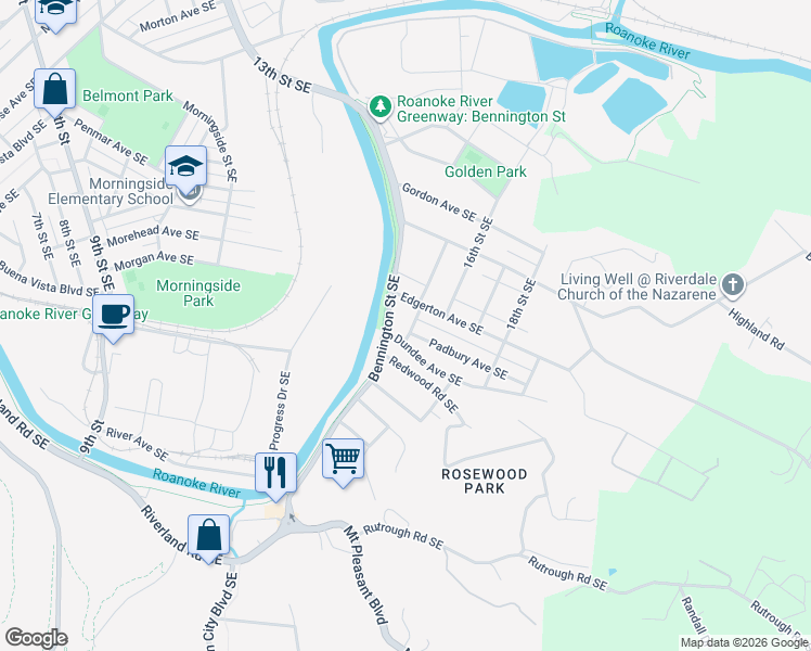 map of restaurants, bars, coffee shops, grocery stores, and more near 1811 Jerome Street Southeast in Roanoke