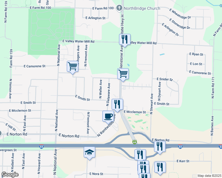 map of restaurants, bars, coffee shops, grocery stores, and more near 3311 North Delaware Avenue in Springfield