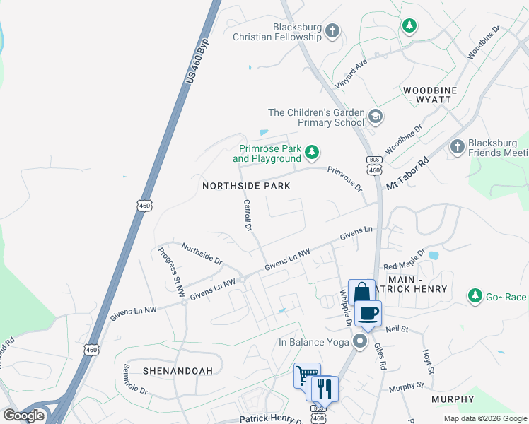 map of restaurants, bars, coffee shops, grocery stores, and more near 213 Pine Drive in Blacksburg
