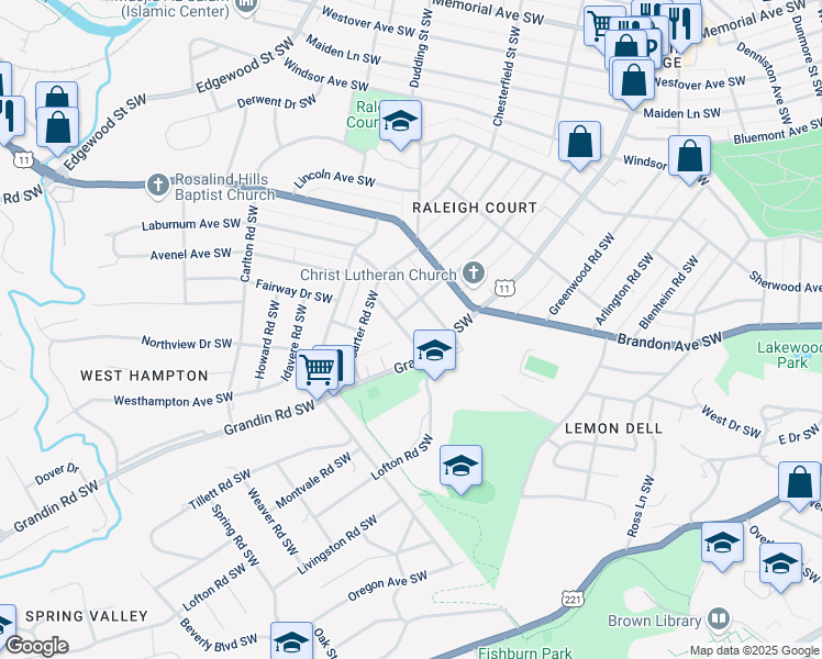 map of restaurants, bars, coffee shops, grocery stores, and more near 2025 Avenel Avenue Southwest in Roanoke