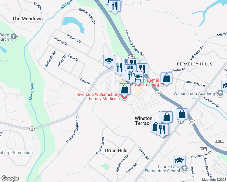 map of restaurants, bars, coffee shops, grocery stores, and more near 701 Queens Path in Williamsburg