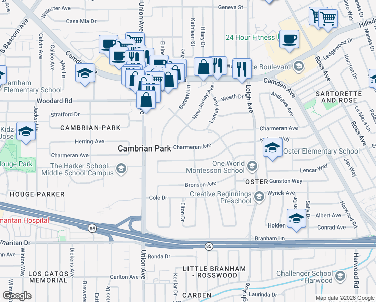 map of restaurants, bars, coffee shops, grocery stores, and more near 14784 Charmeran Avenue in San Jose