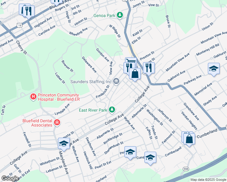 map of restaurants, bars, coffee shops, grocery stores, and more near 422 North Street in Bluefield