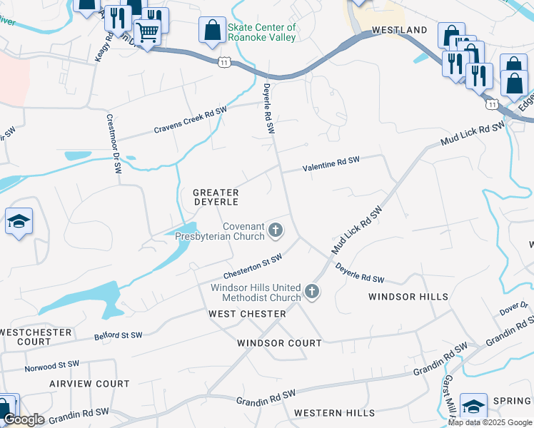 map of restaurants, bars, coffee shops, grocery stores, and more near 3723 Renfield Drive Southwest in Roanoke
