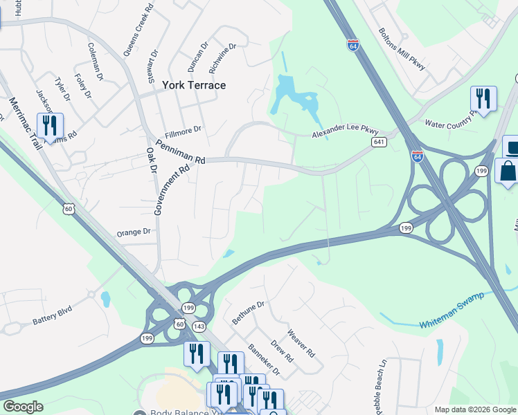 map of restaurants, bars, coffee shops, grocery stores, and more near 1337 Penniman Road in Williamsburg