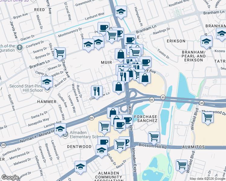 map of restaurants, bars, coffee shops, grocery stores, and more near 4576 Waterville Drive in San Jose