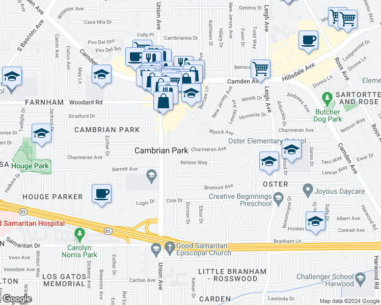 map of restaurants, bars, coffee shops, grocery stores, and more near 14856 Charmeran Avenue in San Jose