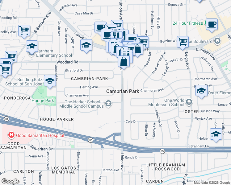 map of restaurants, bars, coffee shops, grocery stores, and more near 15034 Charmeran Avenue in San Jose