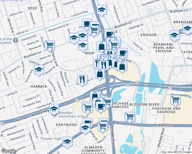 map of restaurants, bars, coffee shops, grocery stores, and more near 4570 Waterville Drive in San Jose