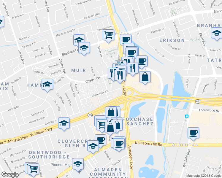 map of restaurants, bars, coffee shops, grocery stores, and more near 4570 Waterville Drive in San Jose