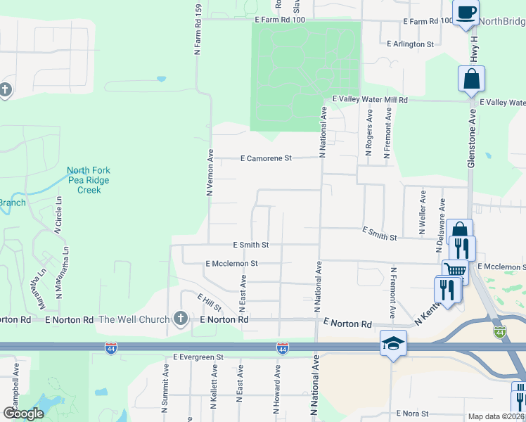 map of restaurants, bars, coffee shops, grocery stores, and more near 1028 East Caravan Street in Springfield
