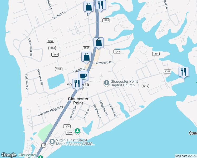 map of restaurants, bars, coffee shops, grocery stores, and more near 7701 The Points Place in Gloucester Point
