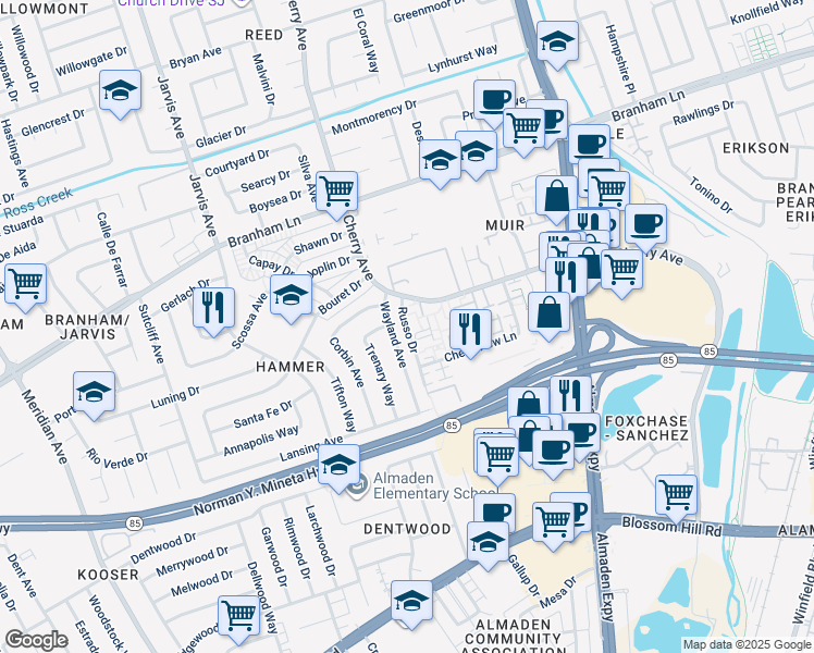 map of restaurants, bars, coffee shops, grocery stores, and more near 2 Russo Drive in San Jose
