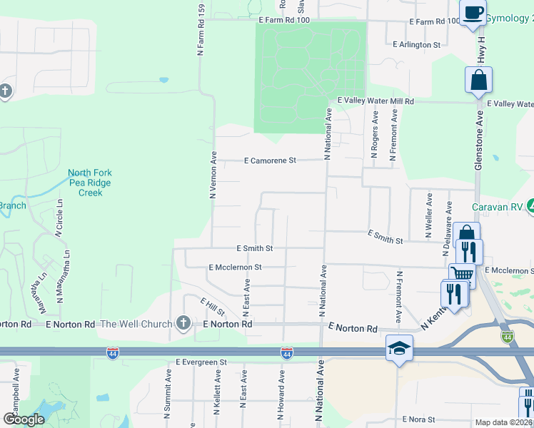 map of restaurants, bars, coffee shops, grocery stores, and more near 1028 East Caravan Street in Springfield