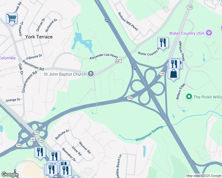 map of restaurants, bars, coffee shops, grocery stores, and more near 211 Old Hollow Road in Williamsburg