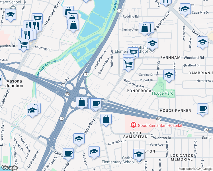 map of restaurants, bars, coffee shops, grocery stores, and more near 16154 Loretta Lane in Los Gatos