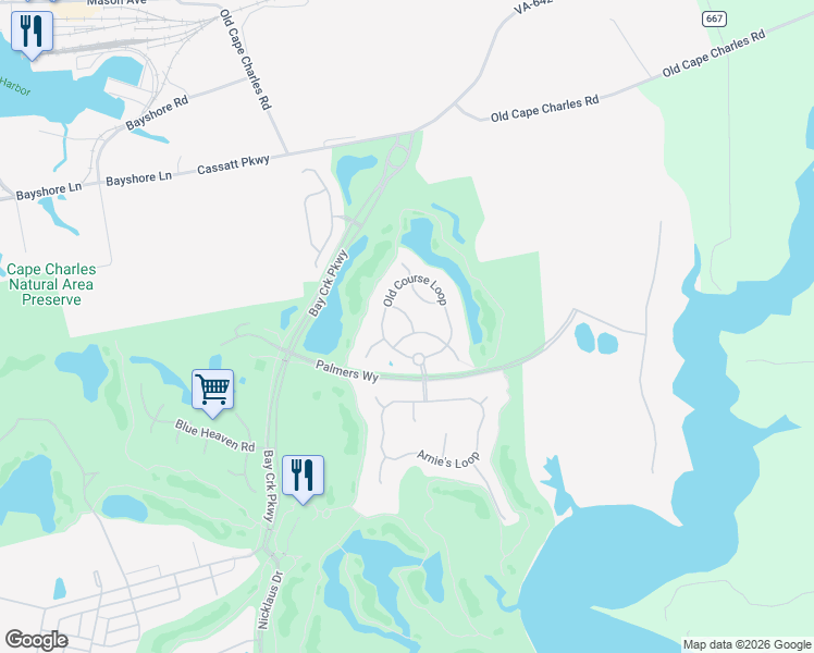 map of restaurants, bars, coffee shops, grocery stores, and more near 823 Turnberry Arch in Cape Charles