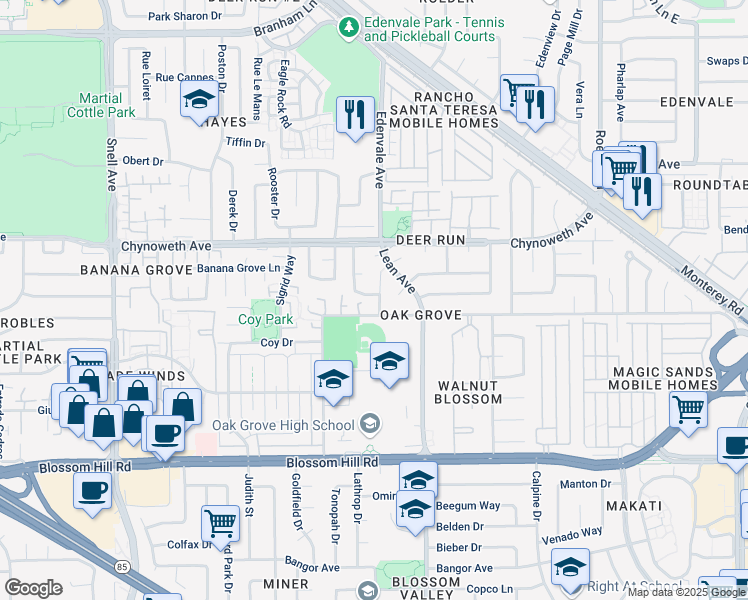 map of restaurants, bars, coffee shops, grocery stores, and more near 5377 Larch Grove Place in San Jose