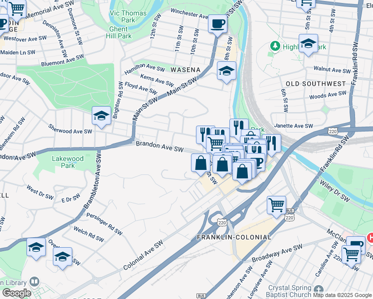 map of restaurants, bars, coffee shops, grocery stores, and more near 719 Brandon Avenue Southwest in Roanoke