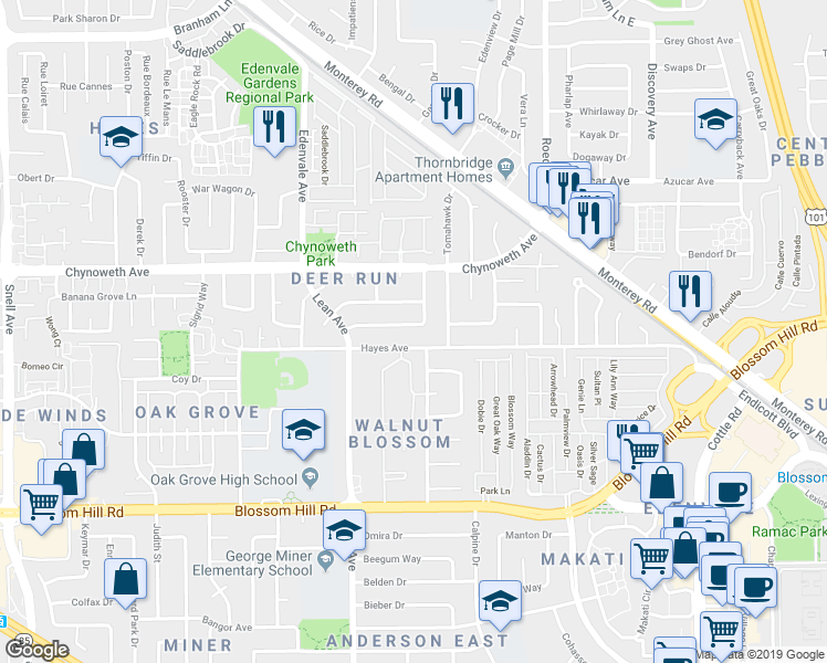 map of restaurants, bars, coffee shops, grocery stores, and more near 94 Cherry Blossom Drive in San Jose