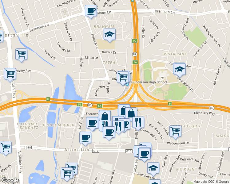 map of restaurants, bars, coffee shops, grocery stores, and more near 5300 Terner Way in San Jose