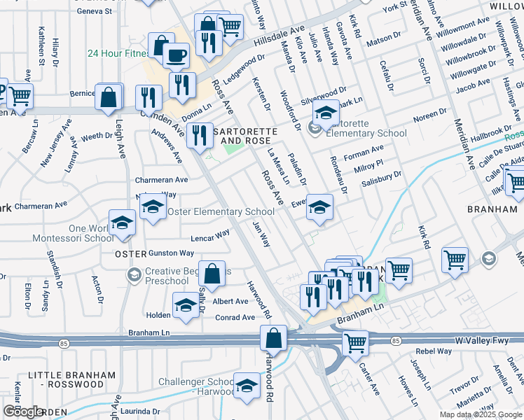 map of restaurants, bars, coffee shops, grocery stores, and more near 4184 Jan Way in San Jose